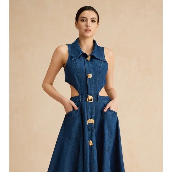 Cutout Waist Slit Hem Sleeveless Denim Dress - Picture 4 of 8